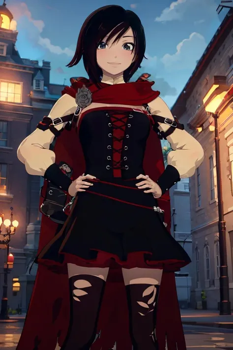 masterpiece,best quality,extremely detailed,(1girl), <lora:Ruby_RWBY_v13:0.7>,(Ruby Rose from RWBY), Ruby_RWBY,1girl, short hair, black hair, solo, cape, grey eyes, red cape, corset, thighhighs, torn clothes, torn thighhighs, skirt, zettai ryouiki, dress, boots, parody, scarf, rose, torn cape, black thighhighs, anime coloring, flower, black footwear, belt, long sleeves, hood,((upskirt)), ((panties)), cleavage,