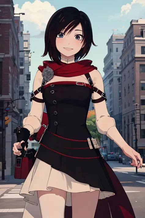 ((masterpiece,best quality)),  absurdres,
long white dress, 
<lora:Ruby_RWBY_Anime_LessTagsAbsorbed:0.7>, Ruby_RWBY,
solo, smiling, looking at viewer, cowboy shot,