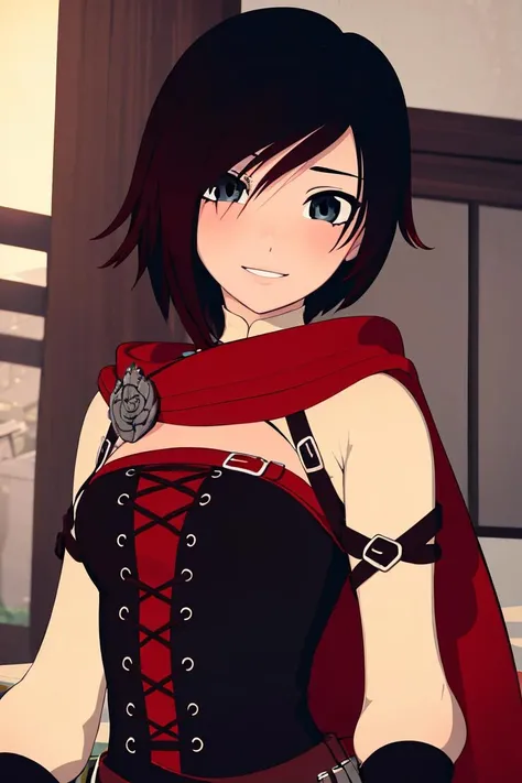 ((masterpiece,best quality)), absurdres,
<lora:Ruby_RWBY_AnyLora_MoreTagsAbsorbed:0.8>, Ruby_RWBY,
solo, looking at viewer, upper body, detailed eyes, blushing, cute, smiling,