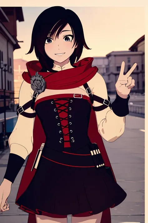 ((masterpiece,best quality)), absurdres,
<lora:Ruby_RWBY_AnyLora_MoreTagsAbsorbed:0.8>, Ruby_RWBY,
solo, smiling, looking at viewer, cowboy shot, cinematic composition, dynamic pose, <lora:loraPeaceSign_v03:0.3>, peace,