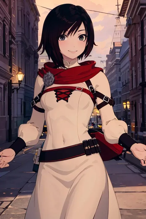 ((masterpiece,best quality)),  absurdres,
long white dress, 
<lora:Ruby_RWBY_AnyLora_LessTagsAbsorbed:0.7>, Ruby_RWBY,
solo, smiling, looking at viewer, cowboy shot,