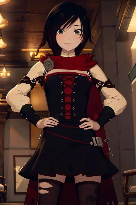 ((masterpiece,best quality)), absurdres,
<lora:Ruby_RWBY_Anime_MoreTagsAbsorbed:0.9>, Ruby_RWBY, hands on hips,
solo, smiling, looking at viewer, cowboy shot,
cinematic composition, dynamic pose,
