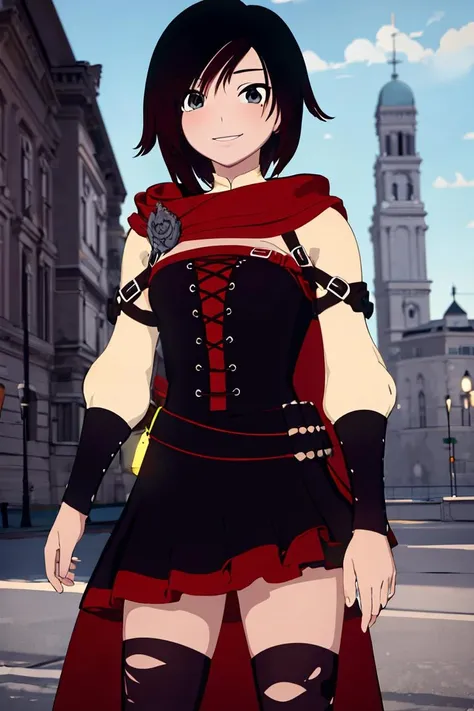 ((masterpiece,best quality)), absurdres,
<lora:Ruby_RWBY_AnyLora_MoreTagsAbsorbed:0.9>, Ruby_RWBY,
solo, looking at viewer, smiling, contrapposto, cowboy shot,