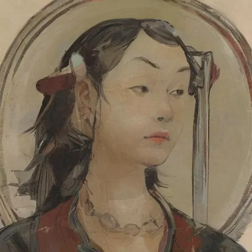 1girl, solo, black hair, jewelry, portrait, earrings, black eyes, signature, traditional media,Bodhisattva, <lora:Bodhisattva-000009:0.3>