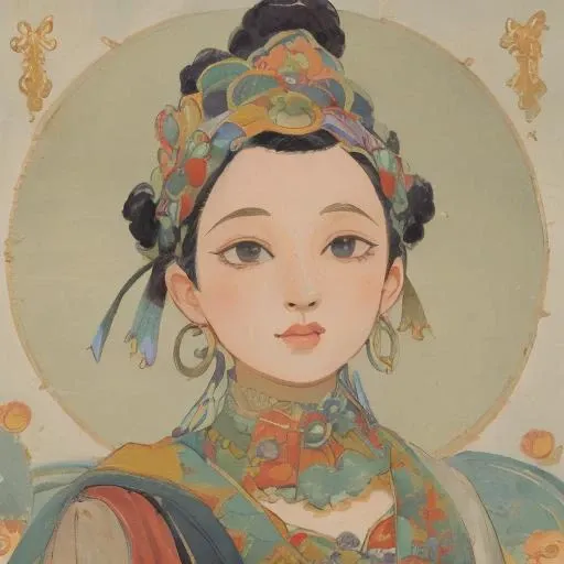1girl, solo, black hair, jewelry, portrait, earrings, black eyes, signature, traditional media,Bodhisattva, <lora:Bodhisattva-000009:0.3>