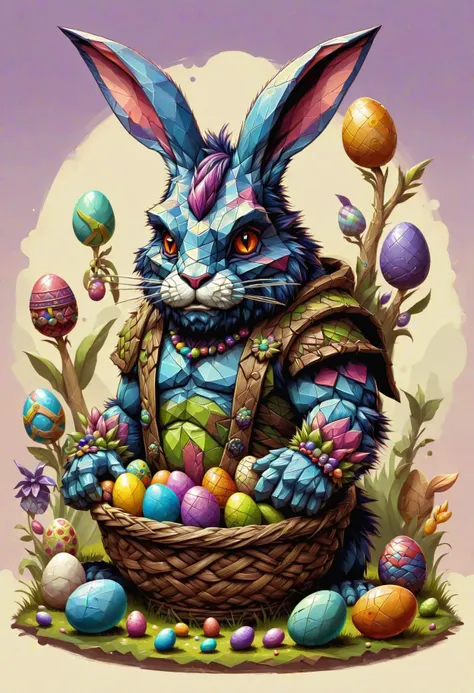 DonMG30T00nXL cartoon orc, anthropomorphic rabbit, colorful eggs, festive clothing and accessories, basket filled with easter eggs, fertility, rebirth, spring, cheerful, frenetic,earthy,snakelike,halo,flammable,transparent,ecosystem,impressive,twilight  <lora:DonMG30T00nXL-000008:1>