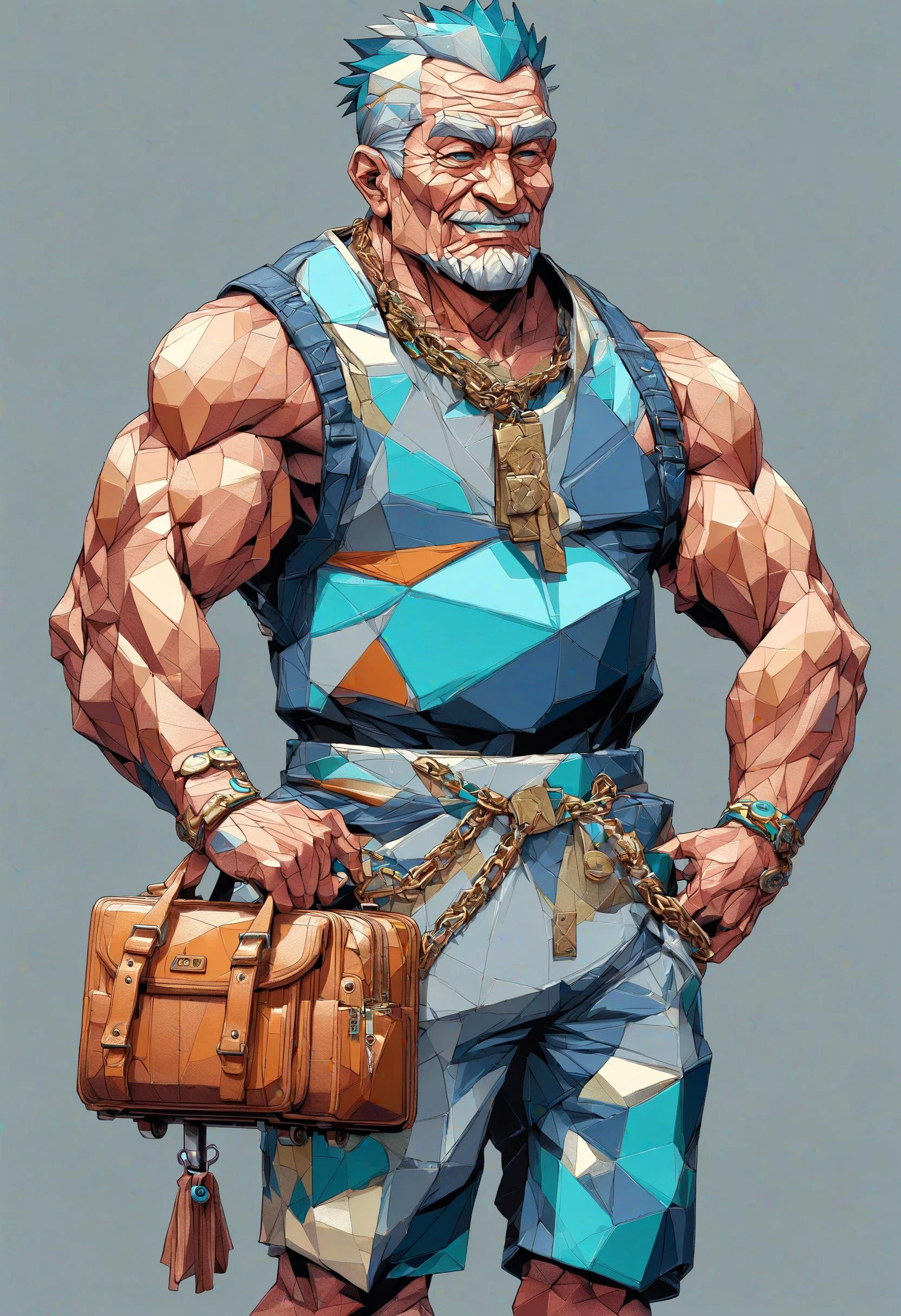 DonMG30T00nXL manga male elderly curvaceous, pacific islander, gray eyes, symmetrical cheeks, diamond face shape with angular cheeks, sculpted shoulders, , chestnut faux hawk hair, laugh wearing cyan muslin tartan cropped trousers, sleeveless muscle hoodie, ,trolley bag (with wheels) , head tilted to the side, indicating thoughtfulness, slim upper body clothing, scoop neck, crepe, marbled, brass, cap sleeves, mini length, high waist, waist chain,,color palette, bulky lower body clothing, cybernetic polymer, abstract, regular fit, drop waist, patches,,asymmetric hem,,acid wash,,patchwork <lora:DonMG30T00nXL-000008:1>