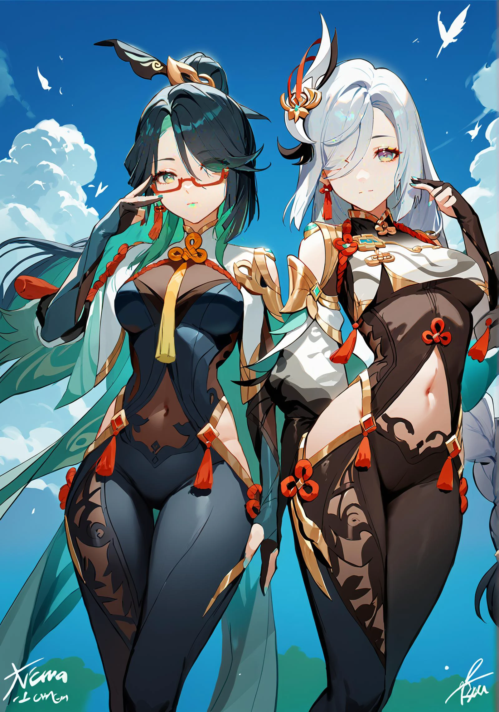 score_9, score_8_up, score_7_up, score_6_up, 8k,
8k, best quality, masterpiece, (ultra-detailed:1.1), (high detailed skin),
<lora:ganshenxianre-pony-Tanger-000003:0.8>, 2girls, Xianyun's def clothes,Xianyun \(genshin impact\), Shenhe's def clothes, shenhe \(genshin impact\), hair over one eye, long hair, glasses
((finely_detailed)), fine_fabric_emphasis,
((glossy)), full_shot, <lora:agm-artist-richy-v1_pdxl:0.7>,