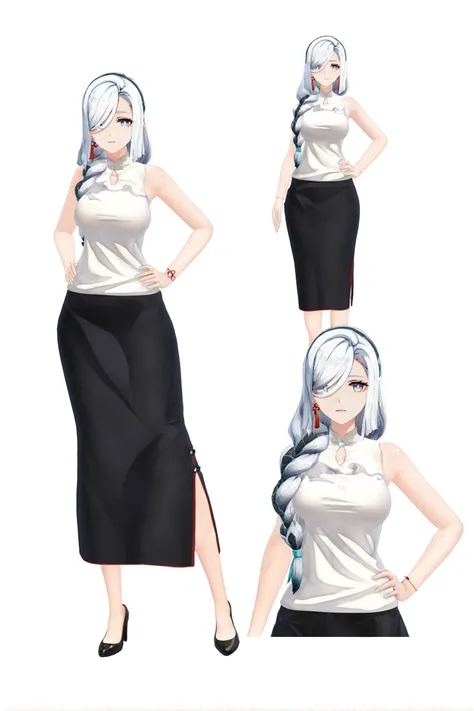 8k, best quality, masterpiece, (ultra-detailed:1.1), (high detailed skin),
(full body), white background, standing, looking at viewer, (solo), hand on hip,
<lora:ganshenxian-A3-Tanger-000010:0.8>,shenhe \(genshin impact\), shenhe's casual clothes, 1girl, long hair, skirt, full body, jewelry, hair over one eye, braid, breasts, standing, shirt, looking at viewer, long skirt, black skirt,
(white background, simple background),
(beautiful_face), ((intricate_detail)), clear face,
((finely_detailed)), fine_fabric_emphasis,
((glossy)), full_shot,
