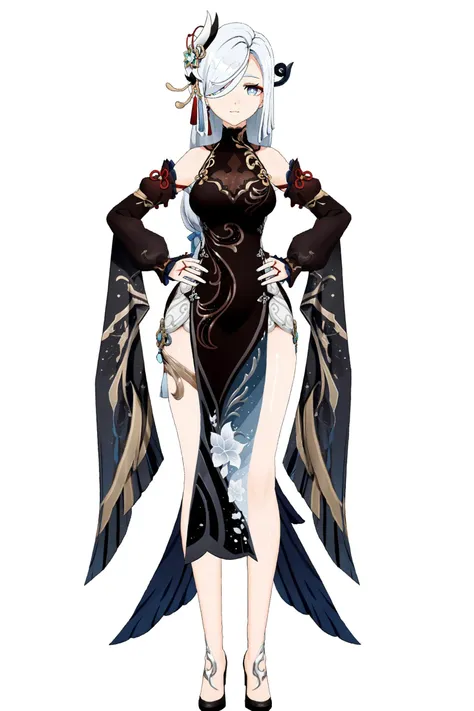 8k, best quality, masterpiece, (ultra-detailed:1.1), (high detailed skin),
(full body), white background, standing, looking at viewer, (solo), hand on hip,
<lora:ganshenxian-A3-Tanger-000010:0.8>, shenhe \(genshin impact\), Shenhe's new year's clothes, 1girl, black dress, hair over one eye, long hair, full body, hair ornament, breasts, detached sleeves, chinese clothes, looking at viewer,
(white background, simple background),
(beautiful_face), ((intricate_detail)), clear face,
((finely_detailed)), fine_fabric_emphasis,
((glossy)), full_shot,