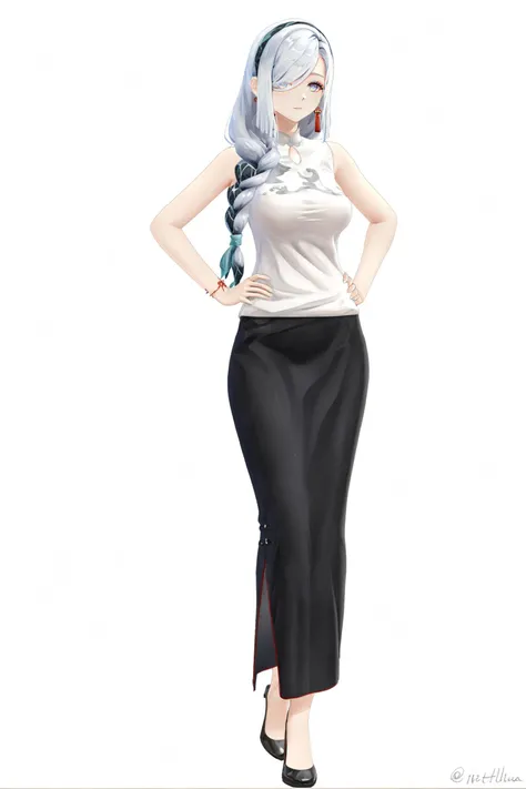 8k, best quality, masterpiece, (ultra-detailed:1.1), (high detailed skin),
(full body), white background, standing, looking at viewer, (solo), hand on hip,
<lora:ganshenxian-A3-Tanger-000010:0.8>,shenhe \(genshin impact\), shenhe's casual clothes, 1girl, long hair, skirt, full body, jewelry, hair over one eye, braid, breasts, standing, shirt, looking at viewer, long skirt, black skirt,
(white background, simple background),
(beautiful_face), ((intricate_detail)), clear face,
((finely_detailed)), fine_fabric_emphasis,
((glossy)), full_shot,