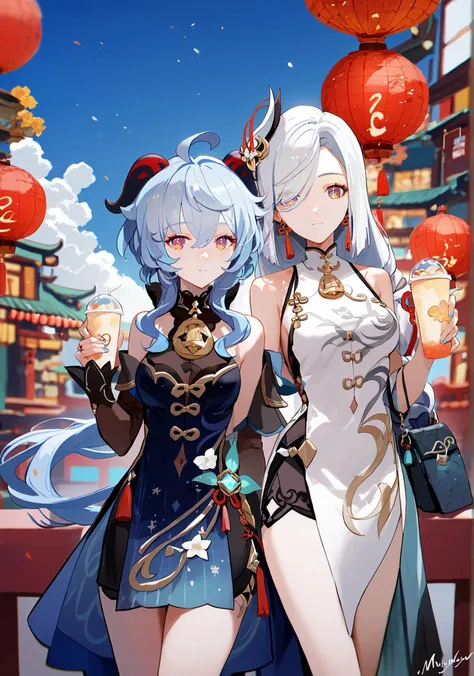 score_9, score_8_up, score_7_up, score_6_up, 8k,
8k, best quality, masterpiece, (ultra-detailed:1.1), (high detailed skin),
<lora:ganshenxianre-pony-Tanger-000003:0.8>, 2girls, ganyu \(genshin impact\), (Ganyu's casual clothes), shenhe \(genshin impact\), (Shenhe's new year's clothes),
((finely_detailed)), fine_fabric_emphasis,
((glossy)), full_shot, <lora:agm-artist-richy-v1_pdxl:0.7>,