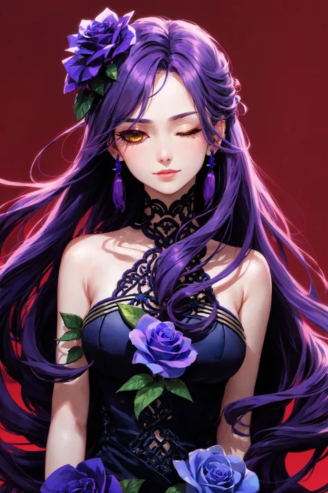 1girl, bare shoulders, blue flower, blue rose, earrings, flower, hair flower, hair ornament, hair over one eye, jewelry, long hair, looking at viewer, one eye closed, plant, purple flower, purple rose, red flower, red rose, rose, simple background, solo, thorns, upper body, vines, white background, yellow flower, yellow rose