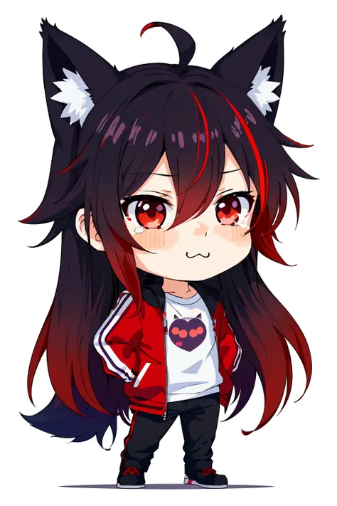 ((twitch emote, sticker, white outline, chibi, kawaii, emote)), 1boy, male focus, fox ears, red eyes, multicolored hair, gradient hair, brown hair, black hair, red hair, looking at viewer, shirt, jacket, flat colors, simple background, pout, crying, expressive, simple colors, anime art