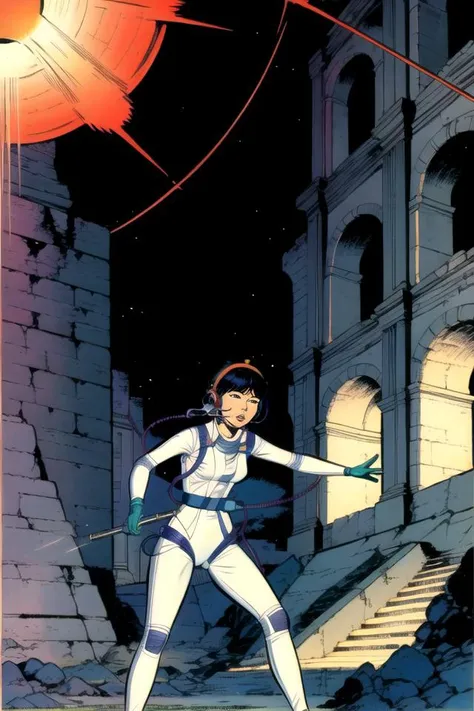 Yoko Tsuno, in a roman coliseum, white bodysuit, short black hair, white headphones with antennas, masterpiece, ultra high res, crystal clear, sharp focus, 1girl, 1990s \(style\), traditional media, retro artstyle, futuristic, science fiction, <lora:yoko_tsuno-10:0.9>