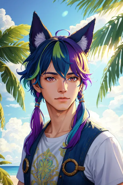 solo, 1boy, animal ears, hair over ears, long hair, red eyes, tail, upper body, blue hair, green hair, purple hair, gradient, multicolored hair, male focus, tshirt, jeans, fox ears, fox tail, official art, best quality, portrait, EarthPorcelain OseaIsland