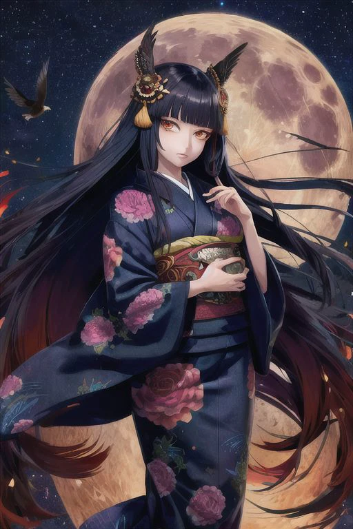 a black woman with red long straight hair and a full moon in the background with birds flying around her head and a full moon in the sky, kimono print with small skulls, vibrant make up, dark background, puzzle eyes, highly detailed
