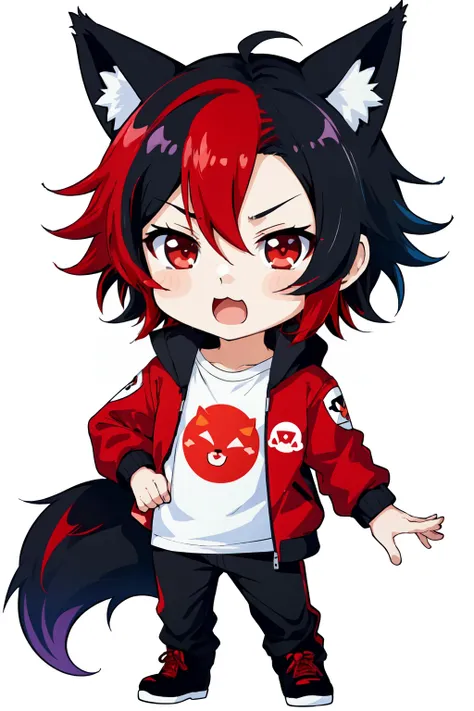 ((twitch emote, sticker, white outline, chibi, kawaii, emote)), 1boy, male focus, fox ears, red eyes, multicolored hair, black hair, red hair, looking at viewer, shirt, jacket, flat colors, simple background, open mouth, yelling, expressive, simple colors, anime art