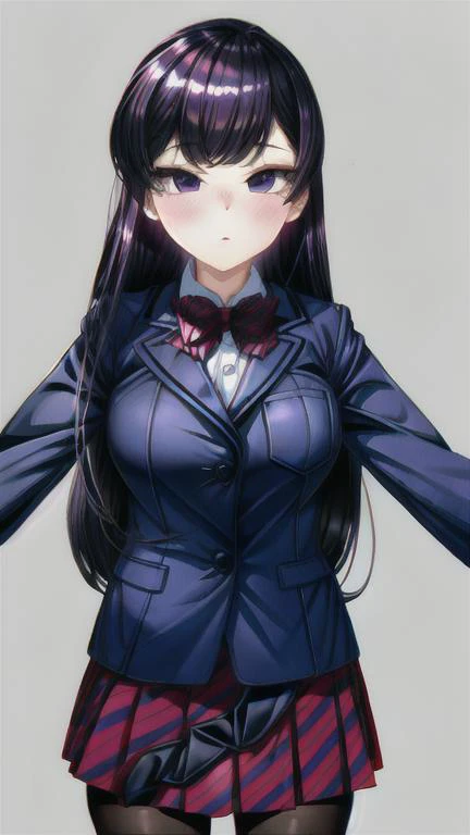 QuickHands, ((komi shouko)), 1girl, bangs, black pantyhose, blazer, blue jacket, blush, bow, bowtie, closed mouth, collared shirt, bag, cowboy shot, diagonal-striped skirt, looking at viewer, blush , highres, jacket, (komi-san wa komyushou desu), long hair, looking at viewer, flat chest, pantyhose, pleated skirt, purple eyes, purple hair, red bow, red bowtie, red skirt, school uniform, shirt, skirt, solo, striped, striped bow, striped bowtie, striped skirt, swept bangs, white shirt <lora:komi_shouko:1>, <lora:more_details:1>,