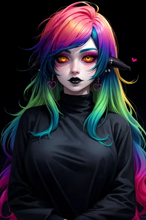 1girl, bangs, black background, black lips, black nails, blue hair, ear piercing, earrings, gradient hair, green hair, heart, horns, jacket, jewelry, lip piercing, long hair, long sleeves, looking at viewer, makeup, yellow hair, blue hair, pink hair, rainbow hair, bat wings,  bbw, voluptuous, large breasts, multicolored hair, nose piercing, piercing, pink hair, simple background, solo, upper body, yellow eyes, blood splatters