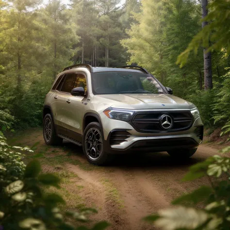Commercial photograph of an EQB SUV Mercedes traversing forest, lush, green, golden hour, cinematic, 4k, volumetric lighting <lora:MEVsLoRA:1>, (good composition), (in frame), centered, 8k, 4k, detailed, attractive, beautiful, impressive, photorealistic, realistic, cinematic composition, volumetric lighting, high-resolution, vivid, detailed, stunning, professional, lifelike, crisp, flawless, DSLR, 4k, 8k, 16k, 1024, 2048, 4096, detailed, sharp, best quality, high quality, highres, absurdres
