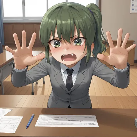 1girl, <lora:igarashi_futaba_XL-bf16-pony-v1:.7> igarashi futaba \(shiromanta\), office lady, green hair, flat chest, office, fang, blush, embarrassed, hands up, indoors, desk, solo, <lora:kaedeokostyle_and_sasakikanna_pony6_v1:1>