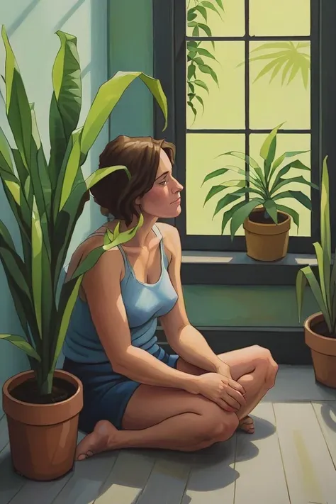 a painting of a woman sitting on the floor next to a window with a potted plant in front of her by Tom Bartek <lora:Tom_Bartek_Style_XL>