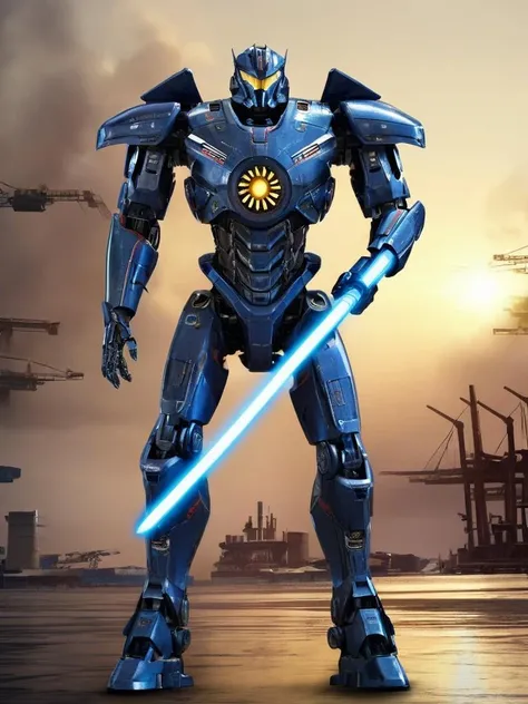 best quality, ultra high res,photorealistic,<lora:sdxl_jijia-000006:0.6>,jijia,mecha,A robot holding a lightsaber