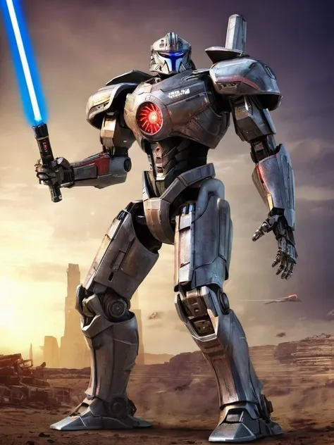 best quality, ultra high res,photorealistic,<lora:sdxl_jijia-000006:0.6>,jijia,mecha,A robot holding a shield in one hand and a lightsaber in the other hand