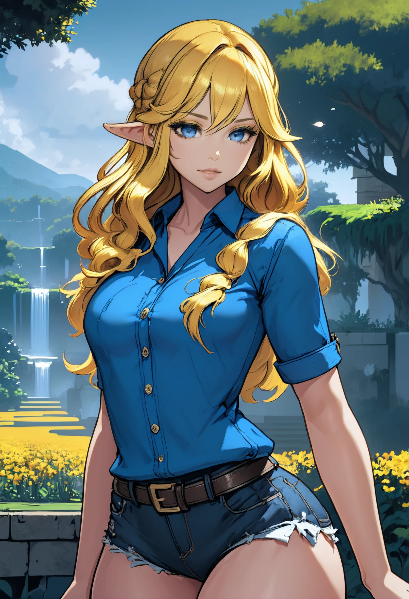 1girl, woman, rough digital painting, (full body:1.2), 1boy, man, , solo, [:creative costume design,:0.2] adventurer, blue (loose shirt:1.3), caucasian, shiny goldenrod hair, (athletic:1) build, simple background, rpg character concept art, bombshell hair, bright slate gray hair, long bombshell hair, thicc hourglass figure, medium breasts, albino