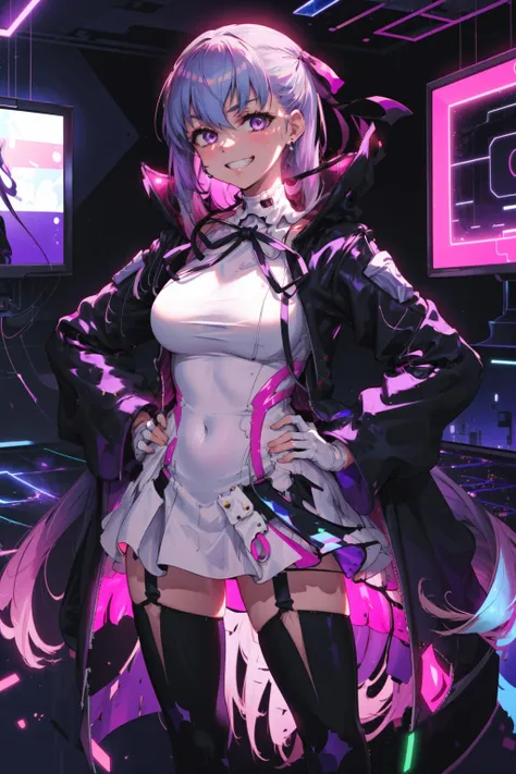 masterpiece,best quality,1girl,bb \(fate\),FECCC,AiKouhaiOutfit,standing,hands on hips,grin,cyberspace,neon lights,<lora:fateBBv2:0.8>,