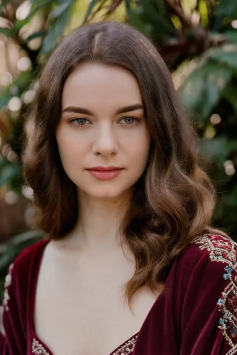 a portrait photo of a beautiful pale woman, Velvet Burgundy Fringed kimono jacket over a chiffon blouse and a fringe skirt, shot with Rolleiflex 2.8F, detailed face, detailed hair, best quality, masterpiece, (photorealistic:1.4) <lora:talidova:1>