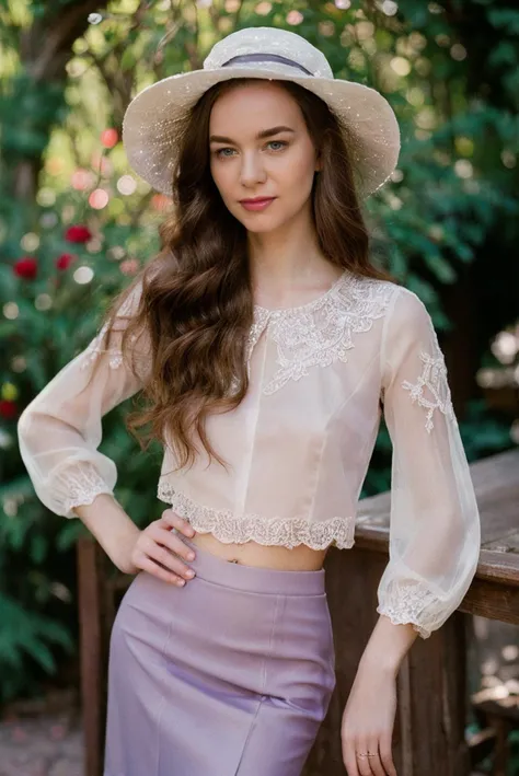 a portrait photo of a beautiful pale woman, Lavender Lace Silk blouse tucked into a sequined pencil skirt and a cloche hat, shot with Rolleiflex 2.8F, detailed face, detailed hair, best quality, masterpiece, (photorealistic:1.4) <lora:talidova:1>