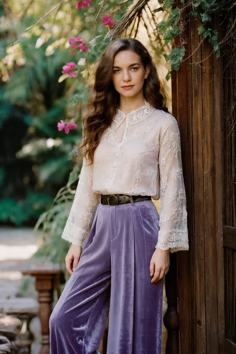 a portrait photo of a beautiful pale woman, Lavender Lace Velvet shirt tucked into pleated palazzo pants with a wide belt, shot with Rolleiflex 2.8F, detailed face, detailed hair, best quality, masterpiece, (photorealistic:1.4) <lora:talidova:1>