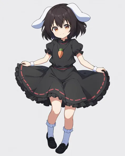 inaba tewi,1girl, solo, full_body, black_dress, simple_background, white_background, white_socks, black_footwear, bloomers, closed_mouth, alternate_color, looking_at_viewer, smile, carrot_necklace, white_pupils, shoes, kneehighs, puffy_short_sleeves, alternate_costume, frilled_dress
<lora:inaba_tewi_image5751_2023-12-14-000008:1>,star-shaped_pupils,symbol-shaped_pupils,. gorgeous,key visual, vibrant, studio anime,award-winning, professional, highly detailed,high budget, cinemascope