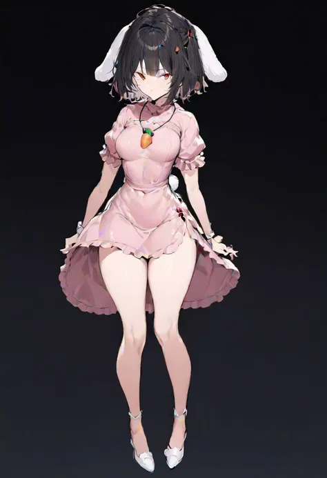 masterpiece, best quality, ultra-detailed, beautiful, nai3, 1girl, solo, full_body, tachi-e, 
inaba_tewi, 1girl,short hair,brown hair,rabbit ears, red eyes, pink dress,short sleeves, carrot necklace, short hair, black hair, red eyes, short hair, black hair, carrot necklace, pink dress, short sleeves, puffy sleeves,