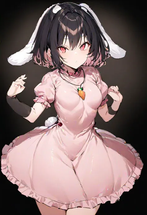 masterpiece, best quality, ultra-detailed, beautiful, nai3, 1girl, solo, full_body, tachi-e, 
inaba_tewi, 1girl,short hair,brown hair,rabbit ears, red eyes, pink dress,short sleeves, carrot necklace, short hair, black hair, red eyes, short hair, black hair, carrot necklace, pink dress, short sleeves, puffy sleeves,