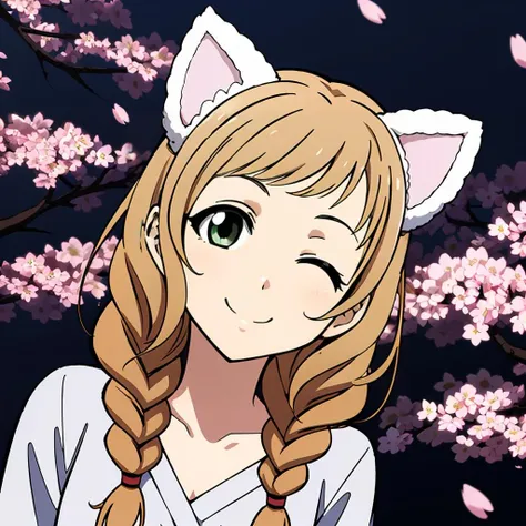 masterpiece,highres,high quality,extremely detailed,solo,
<lora:MinaSiroka001:0.7>,one eye closed,smile,
MinaSiroka,1girl,
cat ears,
cherry blossom,