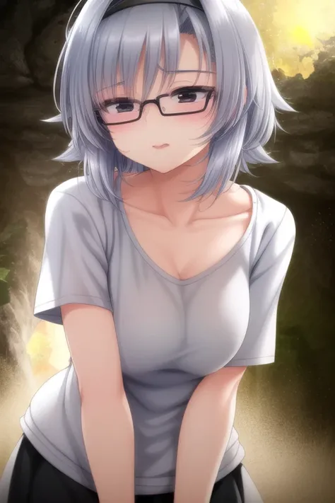 (best quality:1.0), young 1girl, stunningly attractive, perfect feminine face, (cute:1.2), silver short wavy hair, (aroused:1.0), playful, (white t-shirts), detailed background, black eyes, highres, dynamic angle, (cinematic lighting:1.2), (by Range Murata:1.0), (by Taka Tony:1.0), by Jeremy Lipking, cowboy shot, glasses
<lora:atera84_v10:0.85>