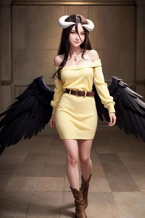 Hyperrealistic, Masterpiece, Volumetric Lighting, Subsurface Scattering, Photorealistic, anime style, volumetric lighting, best quality, intricate details, tonemapping, sharp focus, hyper detailed, absurdres, highres, extremely fine full body professional photograph of, overlordalbedo, <lyco:albedo-lyco-nochekaiser:1>, albedo, ahoge, black hair, horns, long hair, (yellow eyes:1.5), (medium breasts:1.2), smile, BREAK bare shoulders, belt, black wings, collarbone, dress, feathered wings, frills, long sleeves, low wings, necklace, off shoulder, off-shoulder sweater, sweater, sweater dress, thigh strap, white sweater, wings, wrist ribbon, thighs, BREAK indoors, castle, BREAK looking at viewer, (cowboy shot:1.5),
