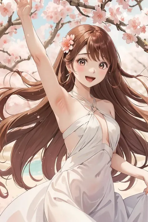 (masterpiece:1.1), best quality, vivid, colourful, highest detailed, Sweet girl portrait, open mouth,
1girl, solo, small earrings, swept bangs, hair over eyes, long wavy hair, brown hair, high nose, nail polish, peach nails, medium breast, sexual appeal, High contrast, upperbody shot, looking at viewer, smile,
bokeh, light passing through hair, simple background, sakura blossom, stretch arms, white skin, <lora:makina69_kureha_v1.3:0.8>, <lora:AK12EveningGown:0.8>, peach evening gown, halterneck, criss-cross halter, holding_can,