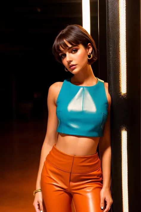 beautiful brunette female model , brown eyes, make up, (short hair), intricate, elegant, vogue, fashion, 8k, noise offset, high contrast, two tone lighting <lora:epiNoiseoffset_v2:1.2>