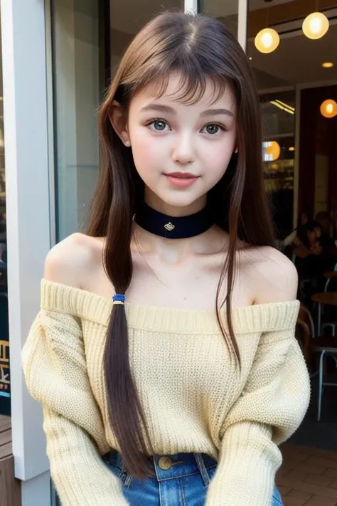 danielle-nj piercing eyes, looking straight, very happy,long hair, wearing an off-shoulder sweater, choker, closeup portrait, in a outdoor cafe in 2015, afternoon light