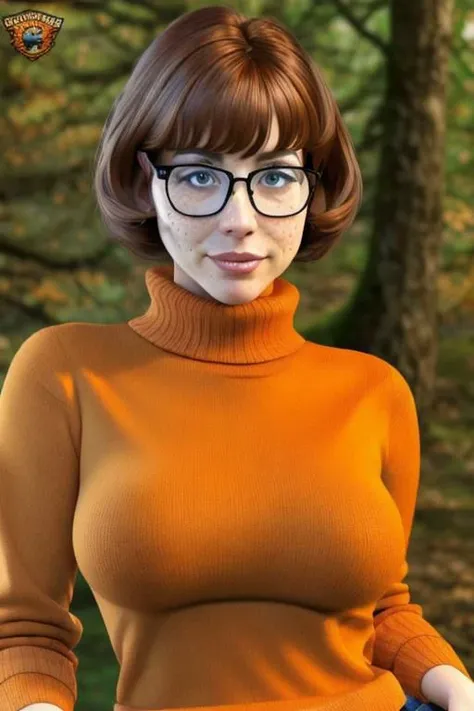 (masterpiece:1.2), (best quality), (ultra detailed), (8k, 4k, intricate),(half-shot:1.2),(cowboy:1.2),(highly detailed:1.2),(detailed face:1.2), (detailed background),(portrait),detailed landscape, <lora:more_details:0.5>, <lora:VelmaV2:0.7>velma, 1girl, solo, breasts, glasses, orange shirt,brown eyes, short hair, large breasts, shirt, skirt, sweater, turtleneck, freckles, red hair, brown hair, looking at viewer, sitting, orange sweater, forest background