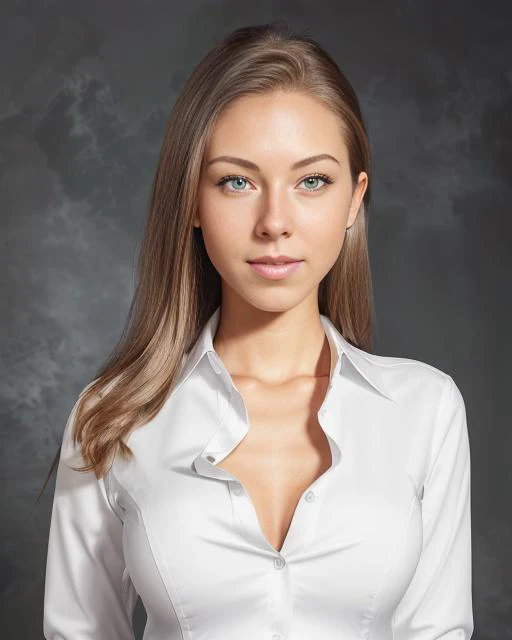 (AnjelikaV2:0.99) , official identification photo of a young woman in a (elegant detailed white tight secretary shirt :1.5), (cleavage:1.4), (professional photo , studio lighting, hard light, sony a7, 50 mm, (hyperrealistic), big depth of field, mate skin, pores, colors, hyperdetailed, best quality, photorealistic, 8k, high res, best quality), 1girl, (portrait), (dark grey photostudio background:1.4) , looking at viewer, (eye contact:1.4), piercing eyes, happy, smirk, smile, intricate