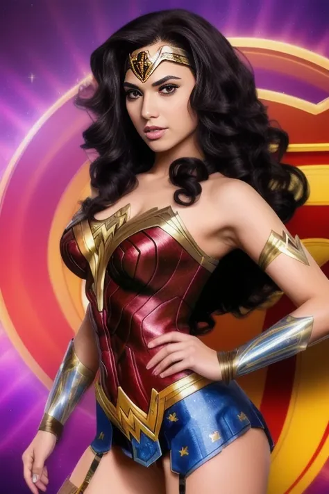 (sexy wonderwoman costume:1.4), wrist gauntlets, red bustier, red bustier, gladiator wristbands, bracelets of submission, thigh-high stockings, sword and shield, highly intricate, highly detailed, low angle, long shot, gorgeous 24 year old (bengali:1.3) woman with ebony skin color and a curvy body, (vibrant brown hair:1.5), (layers of waves hair style:1.2), (natural tiny boobs:1.3),  slim waist, (perfect round ass and hips:1.2), sfw, sexy outfit, royal blue eye color, black pupils, alert eyes, talking, (sky blue lipstick:0.4), luscious lips, angular lines nose, thin arch eyebrows, dazzling emerald smokey halo eyeshadow and eyeliner, no earrings, colorful finely detailed tattoos, 8k, intricate, masterpiece, hard shadows, muted colors, leaning on arm, doing the splits, perfect face, upper body, cleavage, breast focus, skin pores, intricate skin texture, realistic skin, detailed eyes, sharp pupils, realistic pupils, (looking at camera:1.2), [(colorful explosion psychedelic paint colors:1.4)::0.2], abstract background, colorful background, glowing background