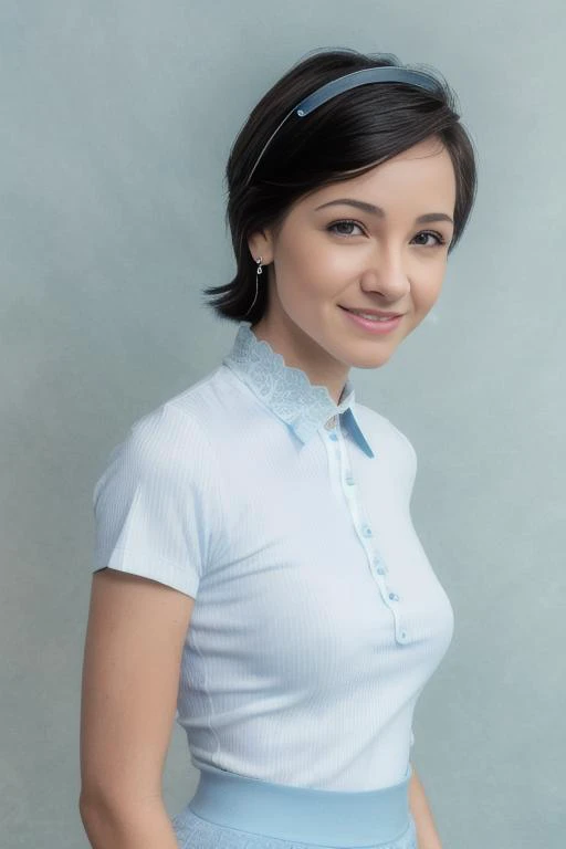 cadeymerc, official identification photo of a young woman in a (elegant detailed white tight secretary shirt :1.5), (tummy explosed), (professional photo , studio lighting, hard light, sony a7, 50 mm, (hyperrealistic), big depth of field, mate skin, pores, colors, hyperdetailed, best quality, photorealistic, 8k, high res, best quality), 1girl, (portrait), (light blue photostudio background:1.4) , looking at viewer, (eye contact:1.4), piercing eyes, happy, smirk, smile, intricate