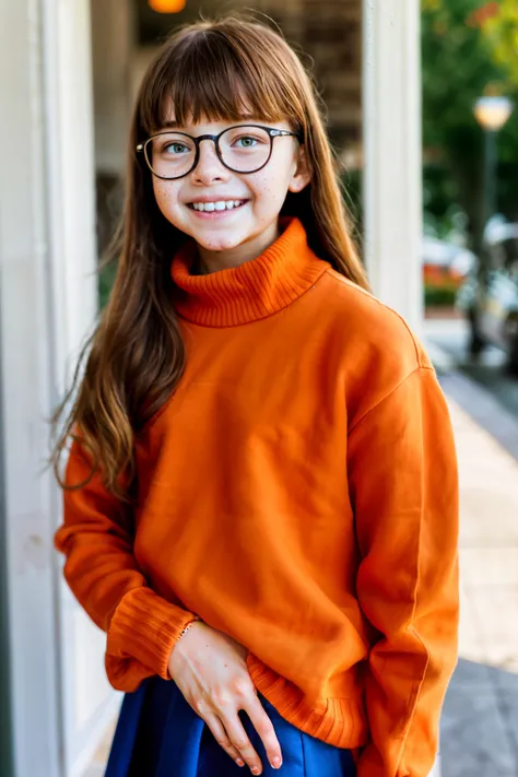 AS-Young velma dace dinkley, brown skirt (mary jane shoes) 1girl brown_eyes, brown_hair, freckles, glasses looking_at_viewer, nose, orange_shirt, orange_sweater, short_hair, smile, sweater, turtleneck, turtleneck_sweater, walking sidewalk residential neighborhood (masterpiece:1.2) bright morning light coming through window (photorealistic:1.2) (bokeh) (best quality) (detailed skin:1.3) (intricate details) (8k) (cinematic lighting) (sharp focus) <lora:velmaDinkleyLora_velmaV1:0.5>