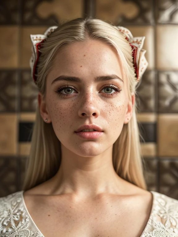 Woman, ((((cinematic look)))), soothing tones, insane details, intricate details, hyperdetailed, exposure blend, hdr, freckles, close up, amber eyes, portrait, hair between eyes, hair ornament, bow-shaped hair, looking at viewer, white hair, military uniform, shirt, solo, tile floor, tile wall, tiles, two side up