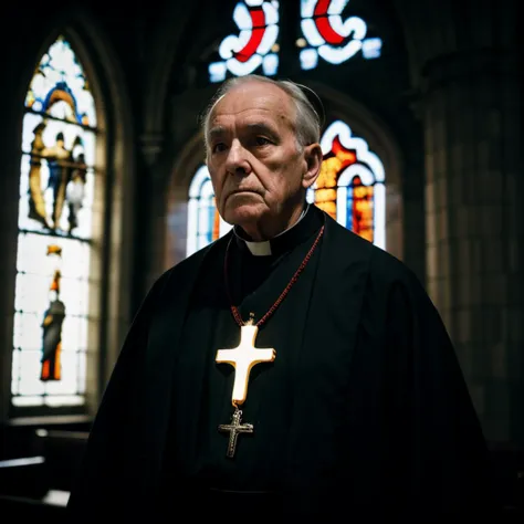 old priest with cross around his neck in a curch, ultra realistic, ultra detailed,  cinematic lighting, highly detailed, breathtaking, photography, stunning environment, wide-angle,  <lora:SDXL Horror Style:1>  sdxl horror style,